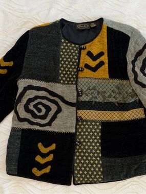 Jacket Julia Kim Vintage-Inspired Patchwork Jacket in Black, Gray & Mustard
